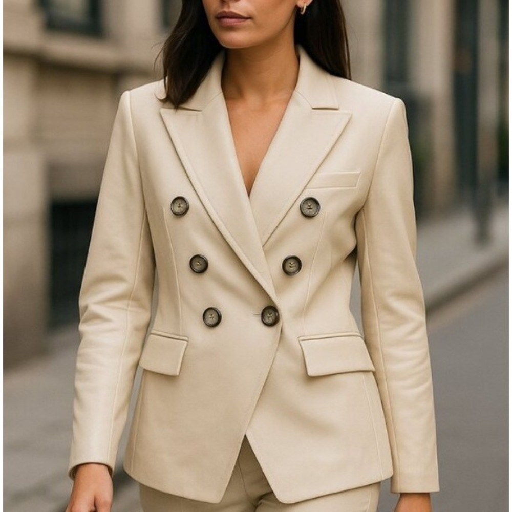 Veronica Beard Miller Dickey Jacket Ecru Size‎ 4 Faux Leather Double Breasted
